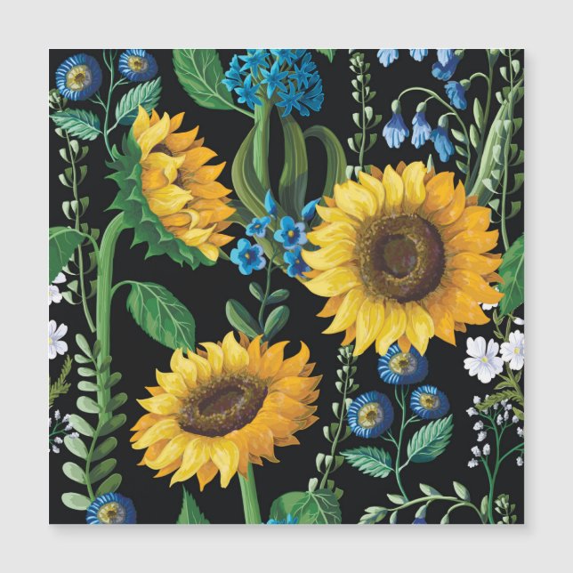 Schwarzer Hintergrund Sonnenblumenmuster Magnetkarte (Vorderseite)