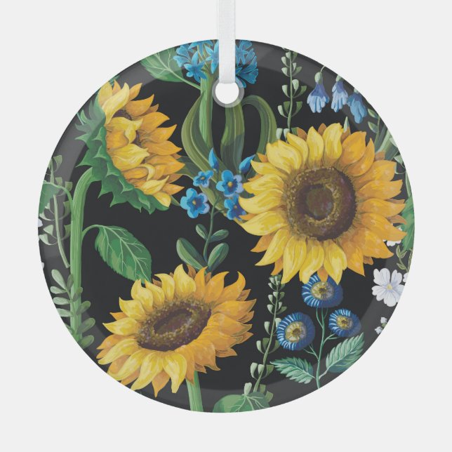 Schwarzer Hintergrund Sonnenblumenmuster Ornament Aus Glas (Vorderseite)
