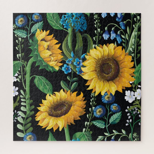 Schwarzer Hintergrund Sonnenblumenmuster Puzzle (Vertikal)