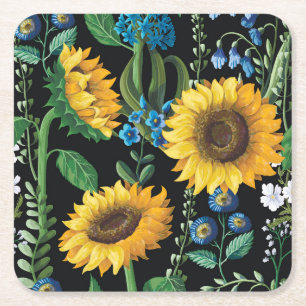 Schwarzer Hintergrund Sonnenblumenmuster Rechteckiger Pappuntersetzer