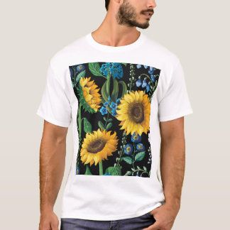 Schwarzer Hintergrund Sonnenblumenmuster T-Shirt