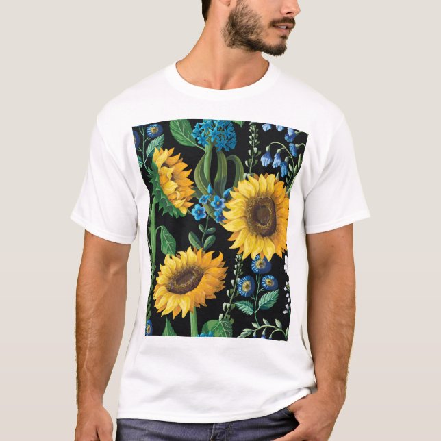 Schwarzer Hintergrund Sonnenblumenmuster T-Shirt (Vorderseite)