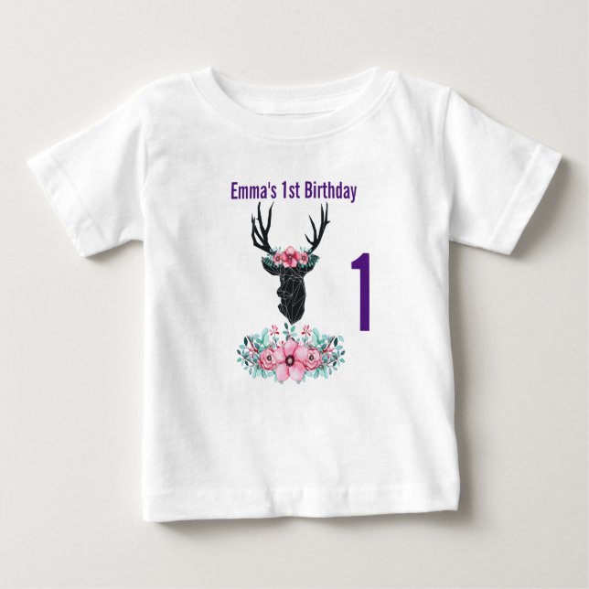 Schwarzer Hirschkopf mit rosa Blume Bouquet Geburt Baby T-shirt (Vorderseite)