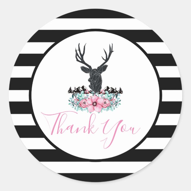 Schwarzer Hirschkopf mit rosa Blume & Gebirge Dank Runder Aufkleber (Vorderseite)