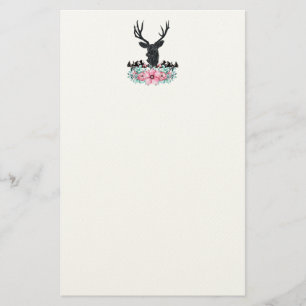 Schwarzer Hirschkopf mit rosa Blume und Berge Briefpapier