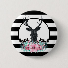 Schwarzer Hirschkopf mit rosa Blume und Berge Button
