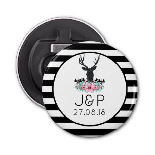 Schwarzer Hirschkopf mit rosa Blume und Berge Flaschenöffner