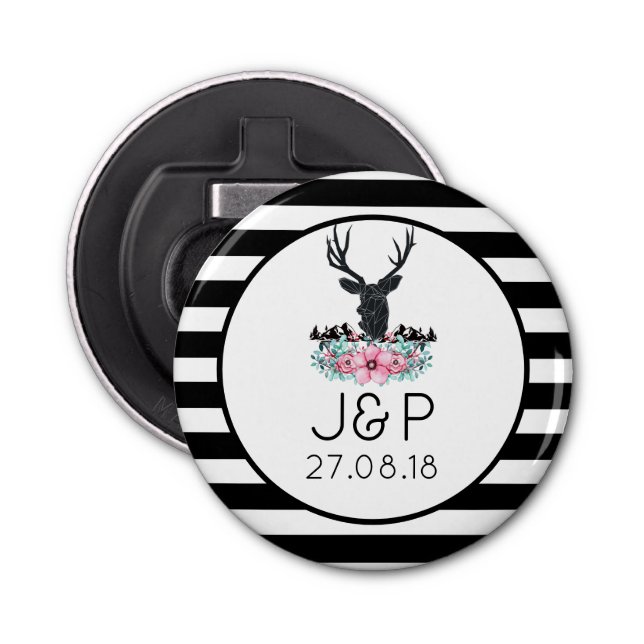 Schwarzer Hirschkopf mit rosa Blume und Berge Flaschenöffner (Vorderseite)