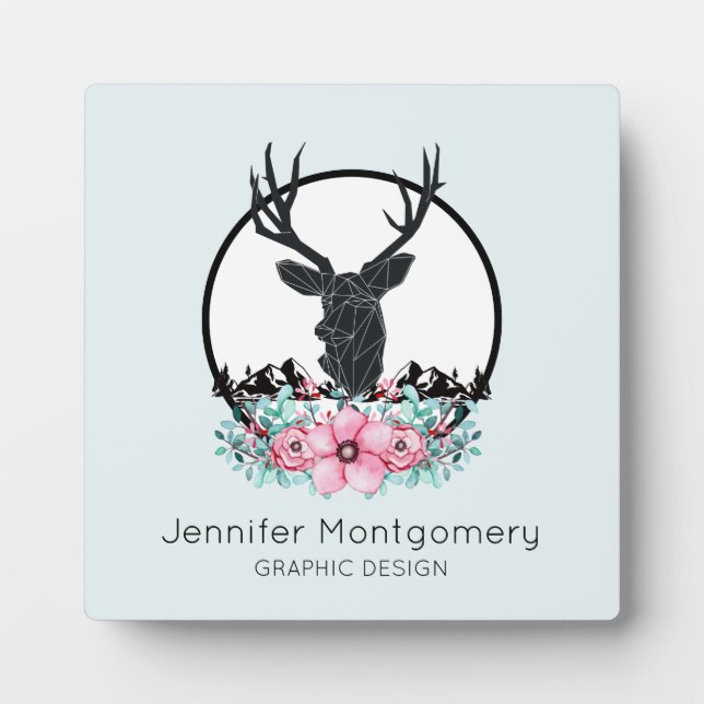 Schwarzer Hirschkopf mit rosa Blume und Berge Fotoplatte (Vorderseite)