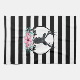 Schwarzer Hirschkopf mit rosa Blume und Berge Geschirrtuch