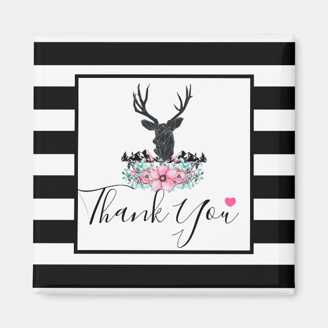 Schwarzer Hirschkopf mit rosa Blume und Berge Magnet (Vorne)