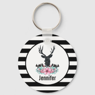 Schwarzer Hirschkopf mit rosa Blume und Berge Schlüsselanhänger