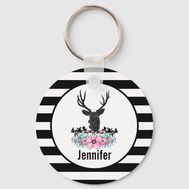 Schwarzer Hirschkopf mit rosa Blume und Berge Schlüsselanhänger (Vorderseite)