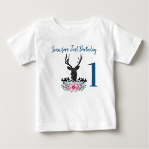 Schwarzer Hirschkopf Rosa Blume & Gebirge Geburtst Baby T-shirt