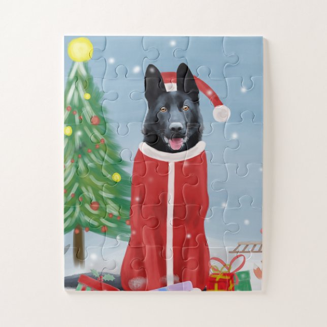 Schwarzer Hirte Hund in Schnee Weihnachtsgeschenke Puzzle (Vertikal)