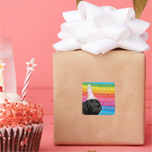 Schwarzer Hund farbenfroh Geburtstags-Text-Aufkleb Quadratischer Aufkleber