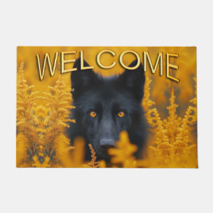 Schwarzer Hund mit Atemberaubenden Gold Eyes Willk Fußmatte