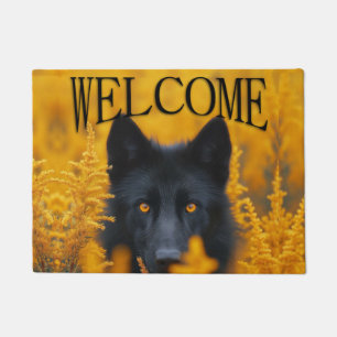 Schwarzer Hund mit Atemberaubenden Gold Eyes Willk Fußmatte