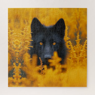 Schwarzer Hund mit Atemberaubenden Goldaugen Puzzle