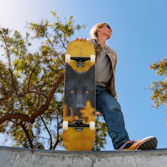 Schwarzer Hund mit Atemberaubenden Goldaugen Skateboard (Außenbereich 1)