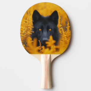 Schwarzer Hund mit Atemberaubenden Goldaugen Tischtennis Schläger