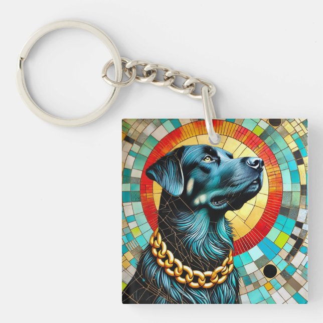 Schwarzer Hund mit festem Glasuntergrund Schlüsselanhänger (Vorderseite)