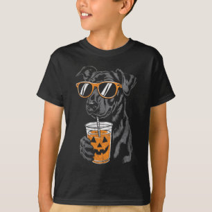 Schwarzer Hund mit Kürbisgetränk-Sonnenbrille für T-Shirt