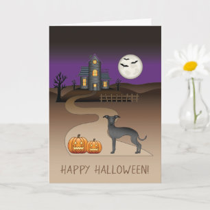 Schwarzer Iggy süßer Hund und Halloween Spukhaus Karte