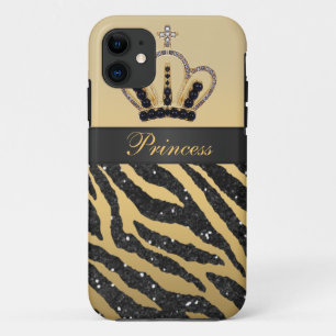 Schwarzer Imitat-Glitzerzebra-Druck u. Juwel-Krone iPhone 11 Hülle