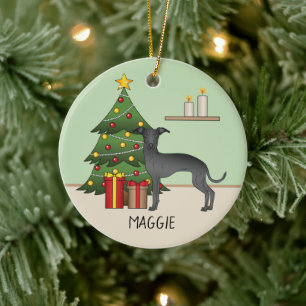 Schwarzer Italienischer Windhund mit einem Weihnac Keramik Ornament