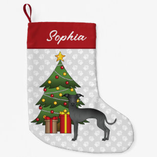 Schwarzer Italienischer Windhund mit einem Weihnac Kleiner Weihnachtsstrumpf