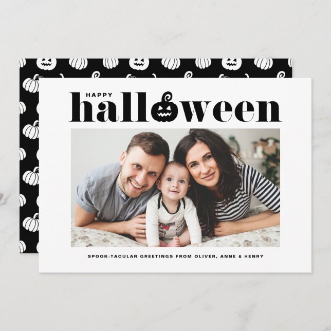 Schwarzer Jack-o'-Laterne Foto Happy Halloween Ankündigung (Vorne/Hinten)