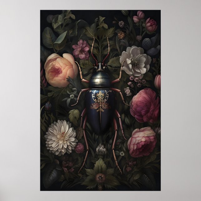 Schwarzer Käfer im dunklen Blumengarten, melanchol Poster (Vorne)