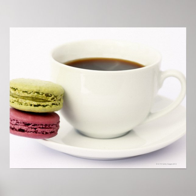 Schwarzer Kaffee in weißer Tasse mit zwei Fransen Poster (Vorne)