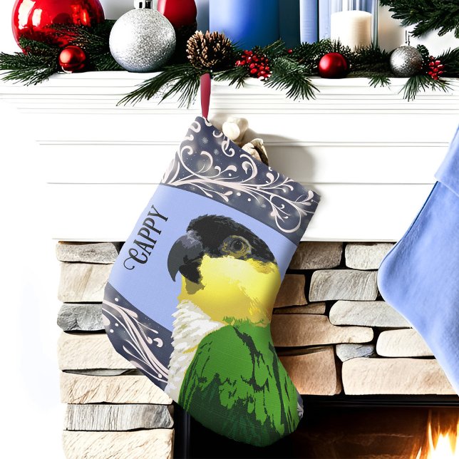 Schwarzer Kaique Parrot Pet Bird Blue Swirl Kleiner Weihnachtsstrumpf (Black Capped Caique parrot personalized Christmas stocking with blue & white swirl background)