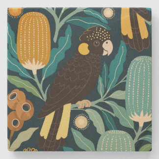 Schwarzer Kakadu und Banksia Einheimischer Blumenc Steinuntersetzer