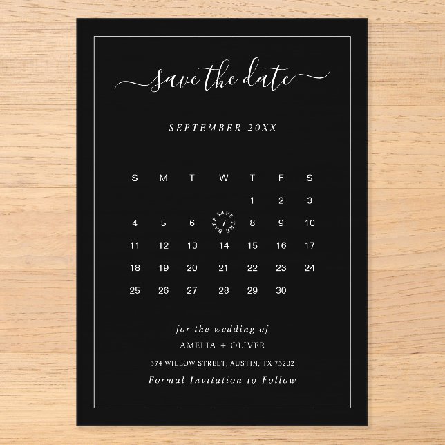 Schwarzer Kalender Modern Minimalist Save the Date Acryleinladungen (Vorderseite)