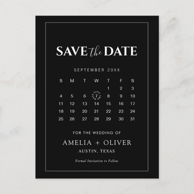 Schwarzer Kalender Modern Minimalistischer Termin  Postkarte (Vorderseite)