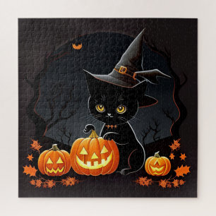 Schwarzer-Kätzchen-Hexenhut-Halloween-Kürbis Puzzle