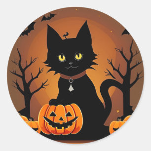 Schwarzer Kätzchen-Kürbis-Hexenhut Süß Halloween Runder Aufkleber