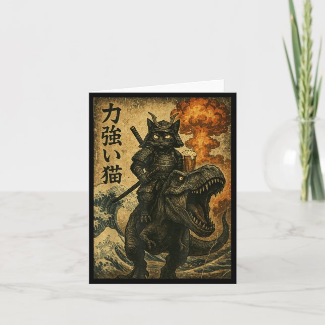 Schwarzer Katze Samurai Dinosaurier Meereswelle Karte (Vorderseite)