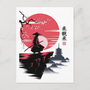 Schwarzer Katze Samurai Japanischer Krieger Vintag Postkarte