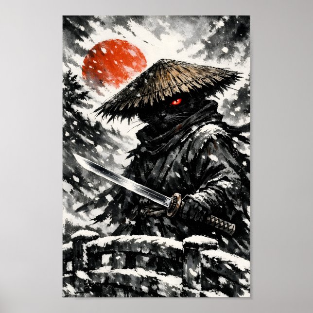 Schwarzer Katze Samurai Ronin Katana Winter Sonne  Poster (Vorne)