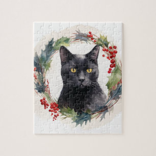 Schwarzer Katze Weihnachts Kranz Festliches Kätzch Puzzle