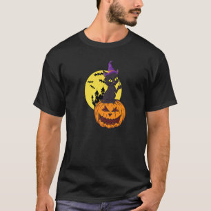 Schwarzer Katzen-Hexenhut-Mond-Kürbis-Halloween-Ko T-Shirt