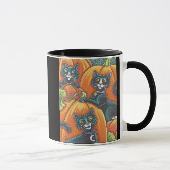 Schwarzer Katzen-Kürbisfeld-Halloween-Tasse Tasse (Rechts)