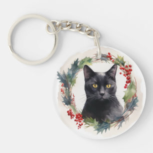 Schwarzer-Katzen-Weihnachtskranz Festliche Katze Schlüsselanhänger