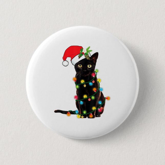 Schwarzer Katzen-Weihnachtsmann, verheddert in Wei Button (Vorderseite)