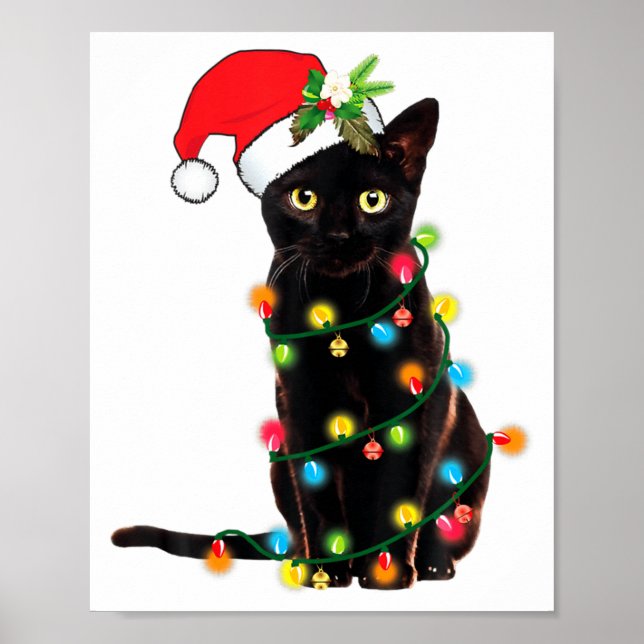 Schwarzer Katzen-Weihnachtsmann, verheddert in Wei Poster (Vorne)