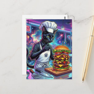 Schwarzer Katzenchef macht Cheeseburger im Space D Postkarte